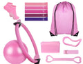 Everything in the Gaudeia Flow Set laid out: the Pilates ring, the soft ball, the small stretch loop, five graded resistance bands, the long flat band, the adjustable strap, the grip socks and the carry bag.